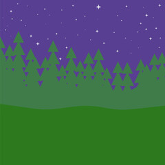 Night Forest with Pine Trees and Starry Sky Illustration