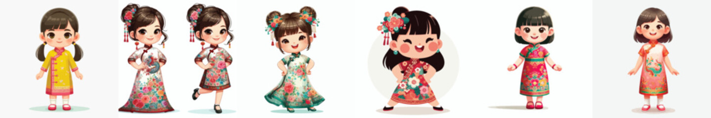 Vector of little girl wearing Cheongsam/Qipao clothes. Vector, minimalist, illustration, icon set.