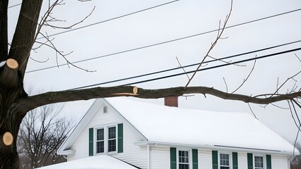 Tree branches trimmed near power lines above snow covered house with green shutters pruning