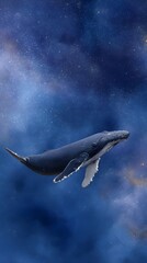 Fototapeta premium Majestic humpback whale swims through a cosmic ocean under a starry nebula sky