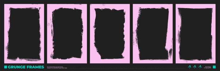 Pink grunge photo frames collection with rough bold borders. Rectangle template damaged background with graffiti texture. Paper template with crack bold borders for social media networks.