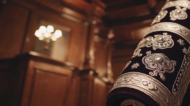 Close-up of a Torah scroll being lifted, highlighting sacred craftsmanship and reverence.