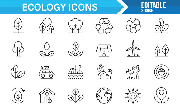 Green energy and environmental awareness outline icons - Powered by Adobe