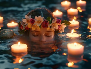 A woman with a floral crown and closed eyes is submerged in water filled with floating candles, creating an ethereal atmosphere. Her long hair floats around her as she faces the camera.