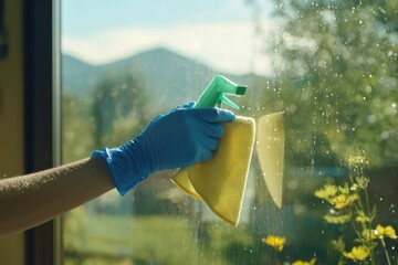 Close-up of a hand with glove cleaning window with a spray cleaner
