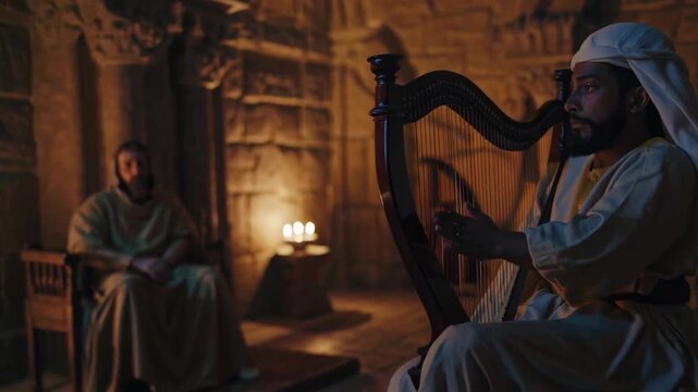 David plays the harp for King Saul, capturing a quiet moment of music, healing, and faith.