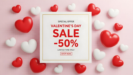 Valentine's Day 50% off sale banner mockup background | Red and white 3D hearts marketing promotion template | Limited time special offer for romantic holiday shopping | Pink aesthetic grid backdrop 