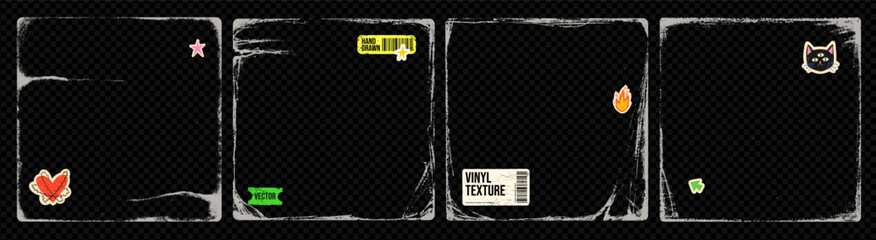 Distressed vinyl cover texture overlay collection with colorful stickers. Cd or vinyl rough edges square covers. Hand drawn vector scratchy and folded grainy matte covers. Grange label rough texture.