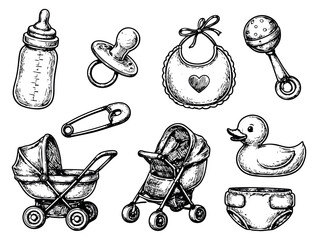 Hand drawn line art baby items set featuring feeding bottles, pacifiers, prams, and toys for newborns