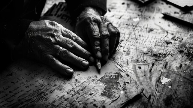The faint impressions of the writers hand forever imprinted on the paper. Black and white art