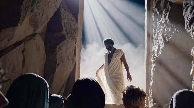 Dramatic depiction of Lazarus raised at the tomb entrance, emphasizing awe, light, and human reaction.