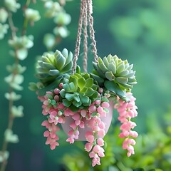 Illustration of hanging potted plant with pink flowers and green succulents in a garden