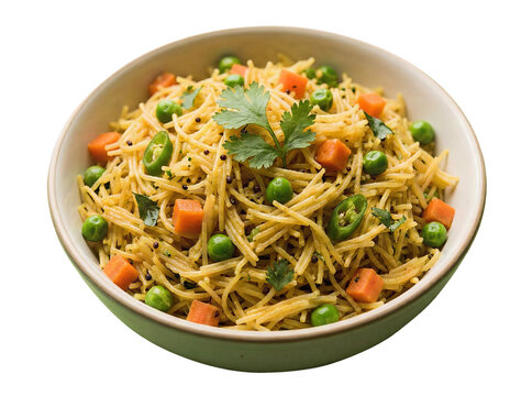 Delicious Vermicelli Upma with Green Peas and Carrots, Savory Semolina Noodle Breakfast in a Bowl Isolated on White