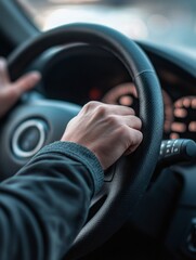 The driver of a car holds the steering wheel