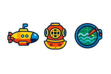 Obraz premium Underwater adventure icons: submarine, diver helmet, and radar