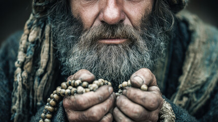 Close-up portrait of a man with a weathered face and hands holding prayer beads.