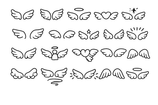 Collection of stylized white angel wings on a dark background