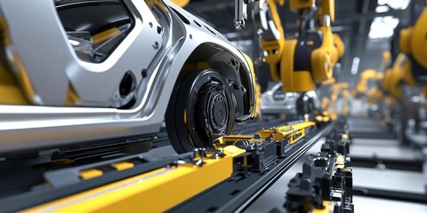 Fototapeta premium Robotic arms and machinery at work manufacturing car parts