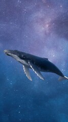 Fototapeta premium Majestic humpback whale swims through a cosmic ocean under a starry nebula sky