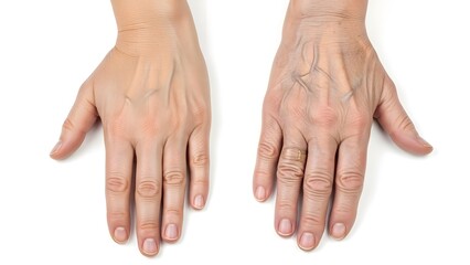 Two human hands one young smooth skin the other aged wrinkled skin with visible veins aging