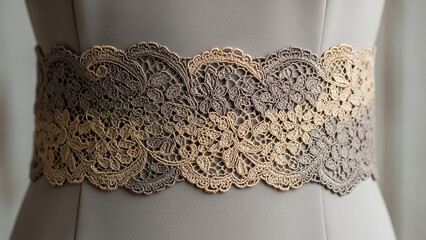 Exquisite brown and beige lace belt featuring intricate floral patterns, elegantly positioned on a fabric surface with copy space