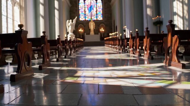 sunlit cathedral aisle with stained glass casting colorful reflections across marble floor, wooden pews leading to ornate altar, tall columns and carved statues bathed in warm morning light, serene