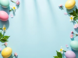 Pastel easter eggs and flowers on blue background
