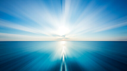 sun rays ocean. abstract bright sun rays over blue ocean horizon with motion blur