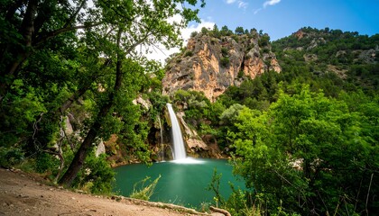 Waterfall cascading into a turquoise pool, surrounded by lush greenery and rocky hills