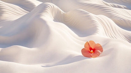Serene Sandy Dunes Gentle Waves Embracing a Delicate Orange Flower Amidst a Soft, Lit Landscape