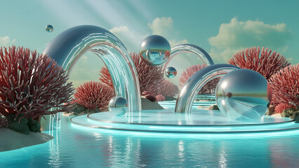 Futuristic Dreamscape Concept Gleaming metallic arches and spheres reflecting serene azure waters, surrounded by vibrant coral formations under a soft, expansive sky