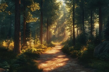 Fototapeta premium Sunlight filters through trees along a serene forest pathway during late afternoon