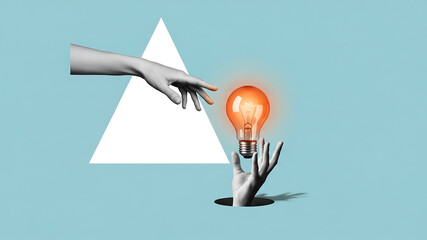 Fototapeta na wymiar surreal idea concept. surreal conceptual art with a glowing orange lightbulb and reaching hands on a blue background
