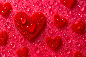 A collection of vibrant red hearts adorned with glistening water droplets, symbolizing love and purity