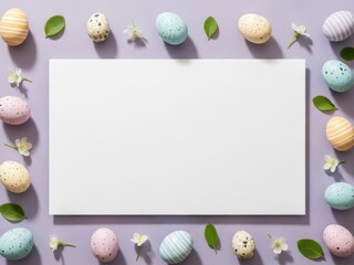 Easter eggs surrounding a blank white card on purple background