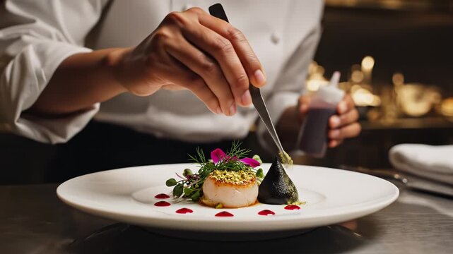 Chef garnishing a gourmet scallop dish