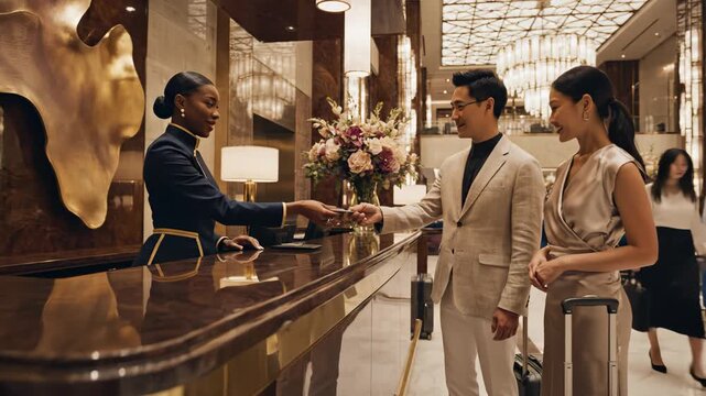 Luxury hotel lobby with guests and staff