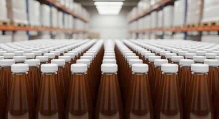 Countless rows of brown beverage bottles with white caps neatly stored in a large warehouse, awaiting distribution and shipment for commerce.