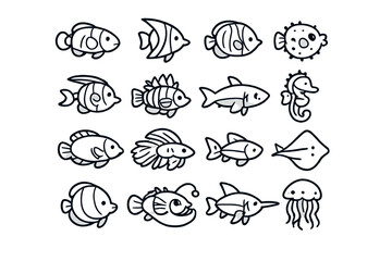 Fototapeta premium Cute hand-drawn collection of various sea creatures on a gray background