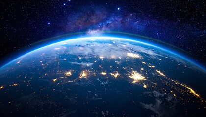 Fototapeta premium Earth From Space Glowing With City Lights Under Starry Night Sky.