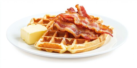 Fototapeta premium A plate of fluffy waffles topped with crispy bacon strips on a white surface.