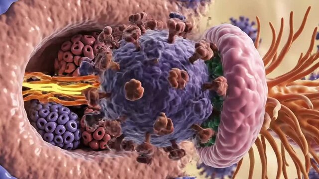 Illustration of a t cell attacking and destroying virus cells.