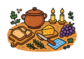 Rustic Table Feast. Rustic Meal Setting. Colorful Hand-drawn doodle Children illustration clay pot, wooden table, bread slices, cheese, grapes, herbs, wooden