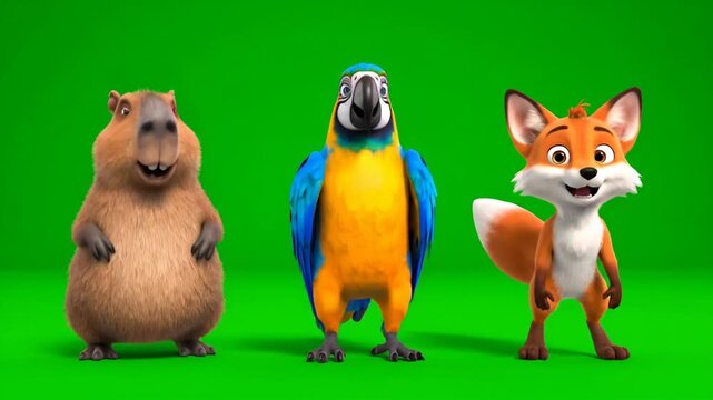Animated Capybara, Macaw, and Fox Dancing on Green Screen