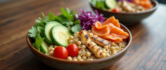 healthy food bowls arranged on a modern wooden table