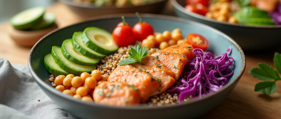 healthy food bowls arranged on a modern wooden table