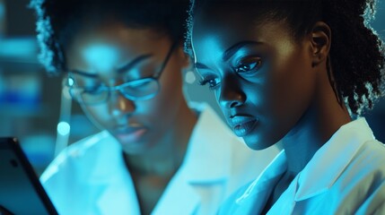 Close-up of two scientists in lab coats looking at a screen of data and information.