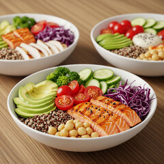 healthy food bowls arranged on a modern wooden table
