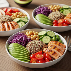healthy food bowls arranged on a modern wooden table