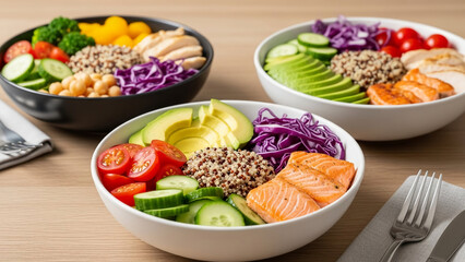 healthy food bowls arranged on a modern wooden table